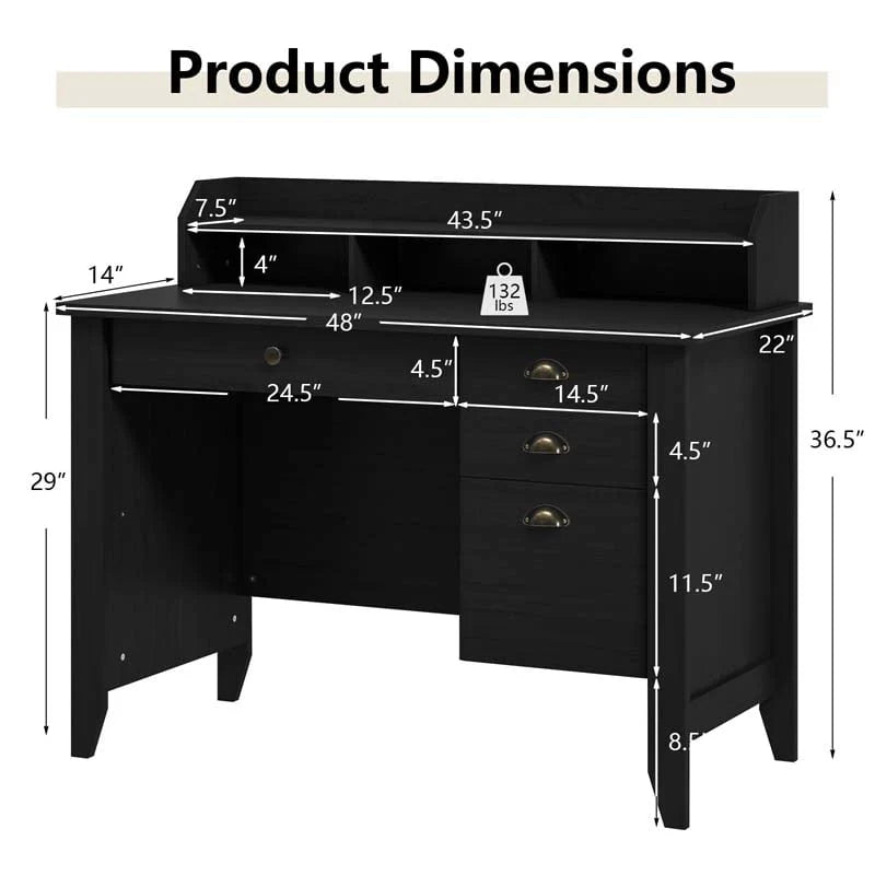 Computer Desk With 4 Storage Drawers And Hutch, 48in x 22in x 36.5in - Rustic Brown