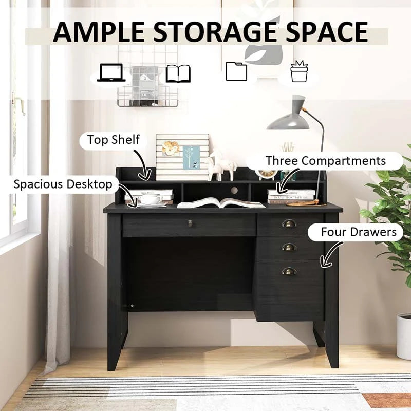Computer Desk With 4 Storage Drawers And Hutch, 48in x 22in x 36.5in - Rustic Brown