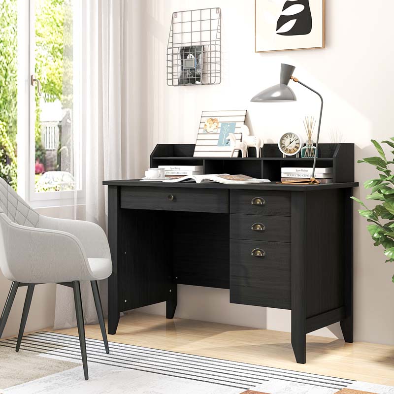 Computer Desk With 4 Storage Drawers And Hutch, 48in x 22in x 36.5in - Rustic Brown