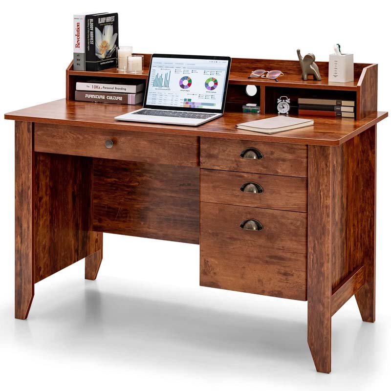 Computer Desk With 4 Storage Drawers And Hutch, 48in x 22in x 36.5in - Rustic Brown