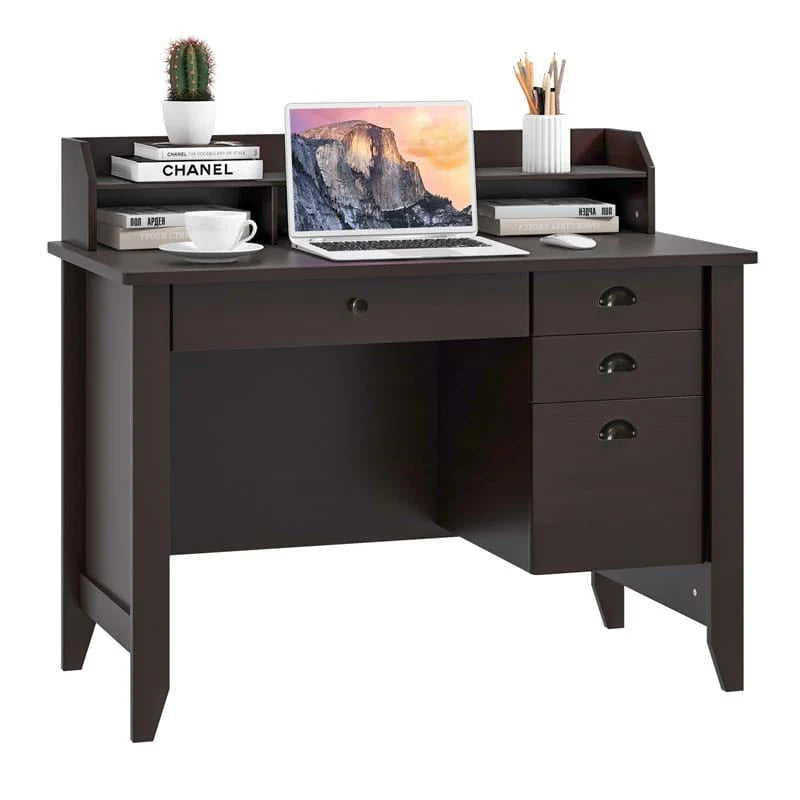 Computer Desk With 4 Storage Drawers And Hutch, 48in x 22in x 36.5in - Rustic Brown