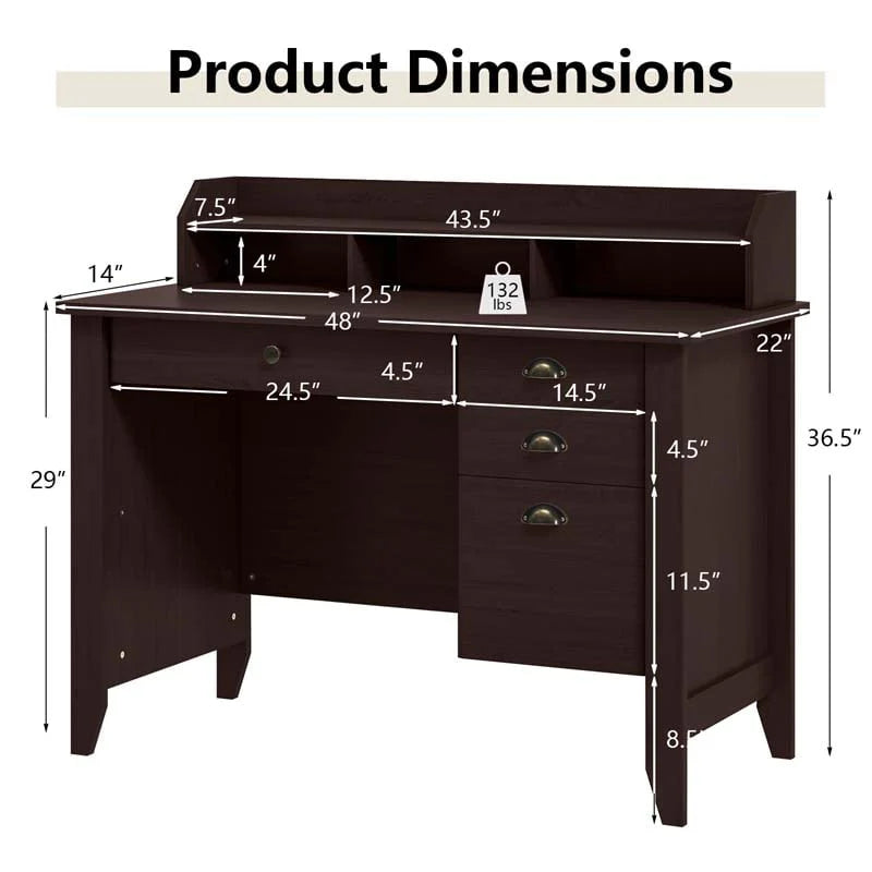 Computer Desk With 4 Storage Drawers And Hutch, 48in x 22in x 36.5in - Rustic Brown