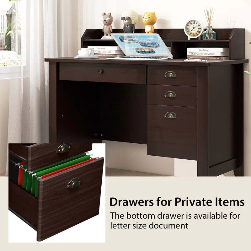 Computer Desk With 4 Storage Drawers And Hutch, 48in x 22in x 36.5in - Rustic Brown
