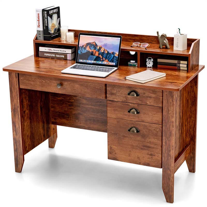 Computer Desk With 4 Storage Drawers And Hutch, 48in x 22in x 36.5in - Rustic Brown