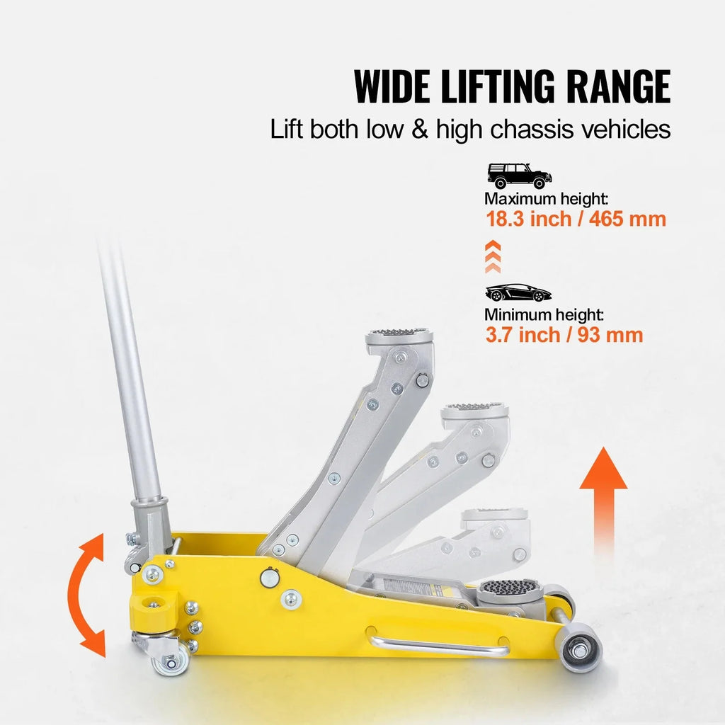 KFFKFF Low Profile Aluminum Floor Jack, 3 Ton Capacity, 3.7-18.3 Inch Lift Range, Dual Piston