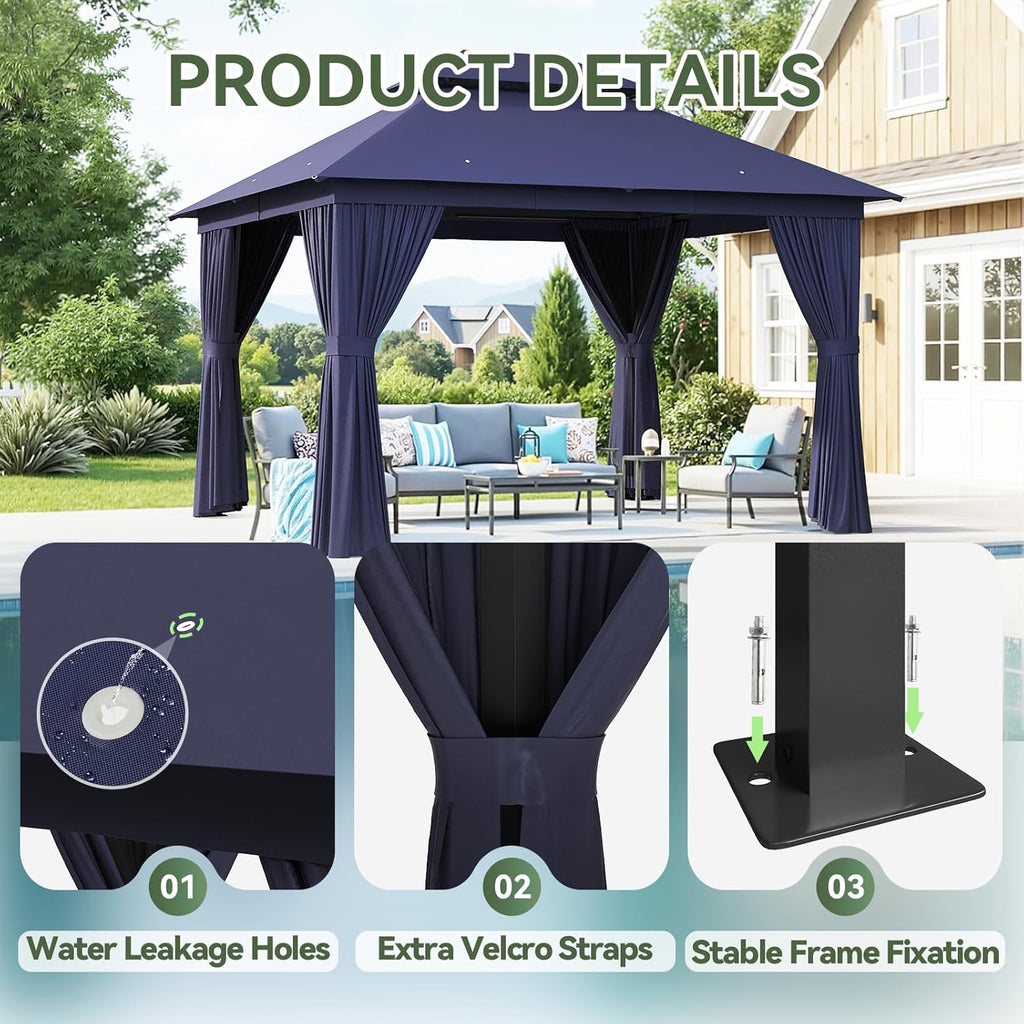 AOXUN Outdoor Gazebo 10x12 Metal Frame Double Roof Canopy With Mosquito Netting And Privacy Screen - Navy Blue