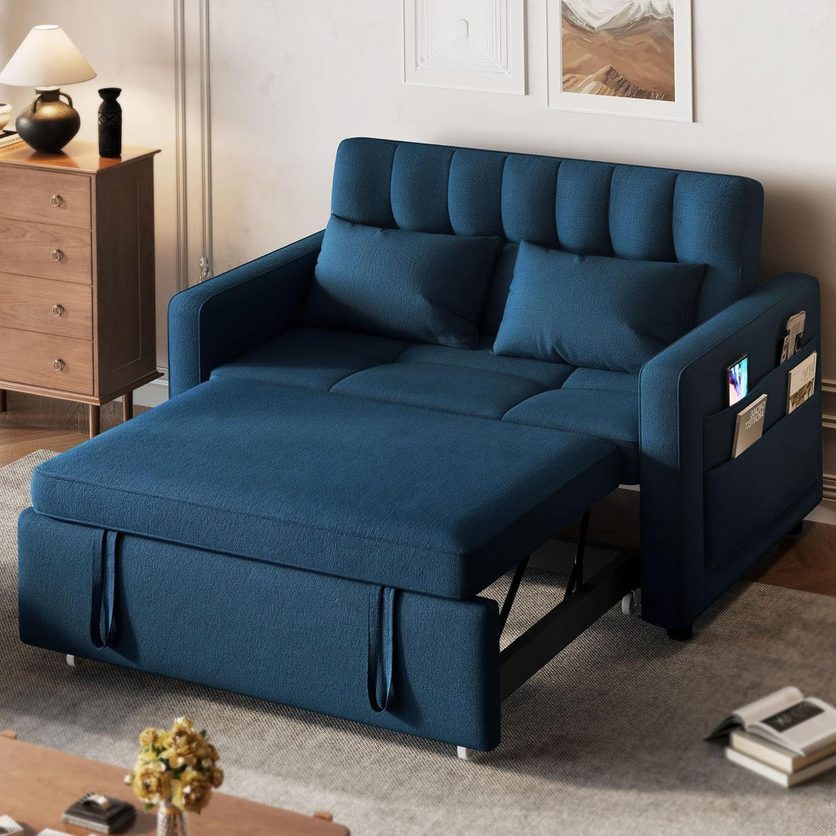 3-in-1 Convertible Sleeper Sofa, 55 in Pull-Out Bed, Adjustable Backrest, Cat-Scratch-Proof Fabric