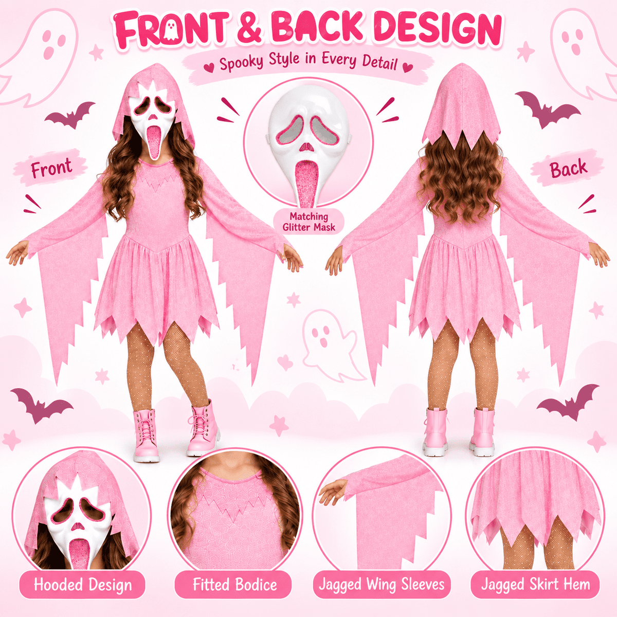 Pink Glitter Ghost Halloween Costume for Girls, Hooded Cosplay Dress with Mask, Spooky Horror Party Outfit