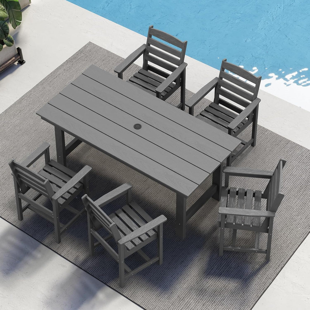 SERWALL 7-Piece HDPE Outdoor Dining Set With Umbrella Hole - Gray