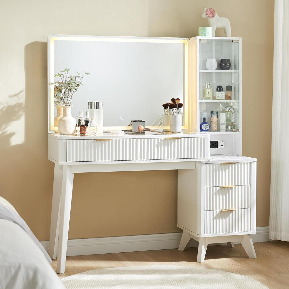 T4TREAM 48in Fluted Makeup Vanity Desk With 36in Mirror, Lights, 5 Drawers And Adjustable Shelves - White