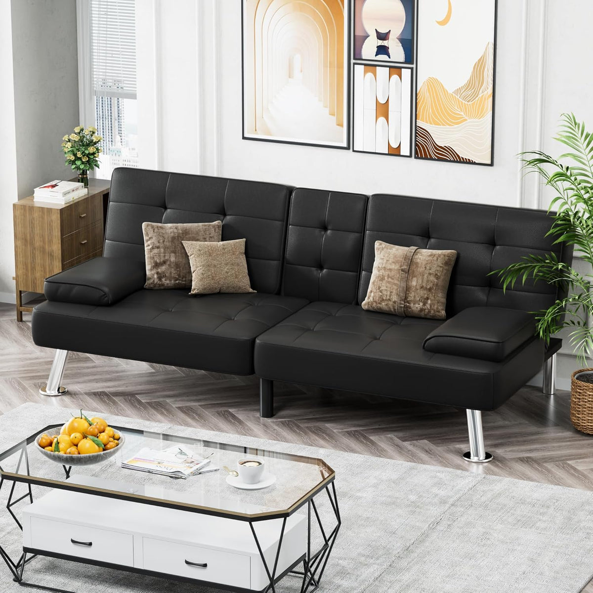Homall Faux PU Leather Futon Sofa Bed, 65 x 30.7 x 28 in, Adjustable Recliner With Cup Holders