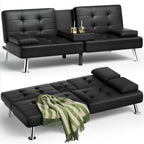 Homall Faux PU Leather Futon Sofa Bed, 65 x 30.7 x 28 in, Adjustable Recliner With Cup Holders