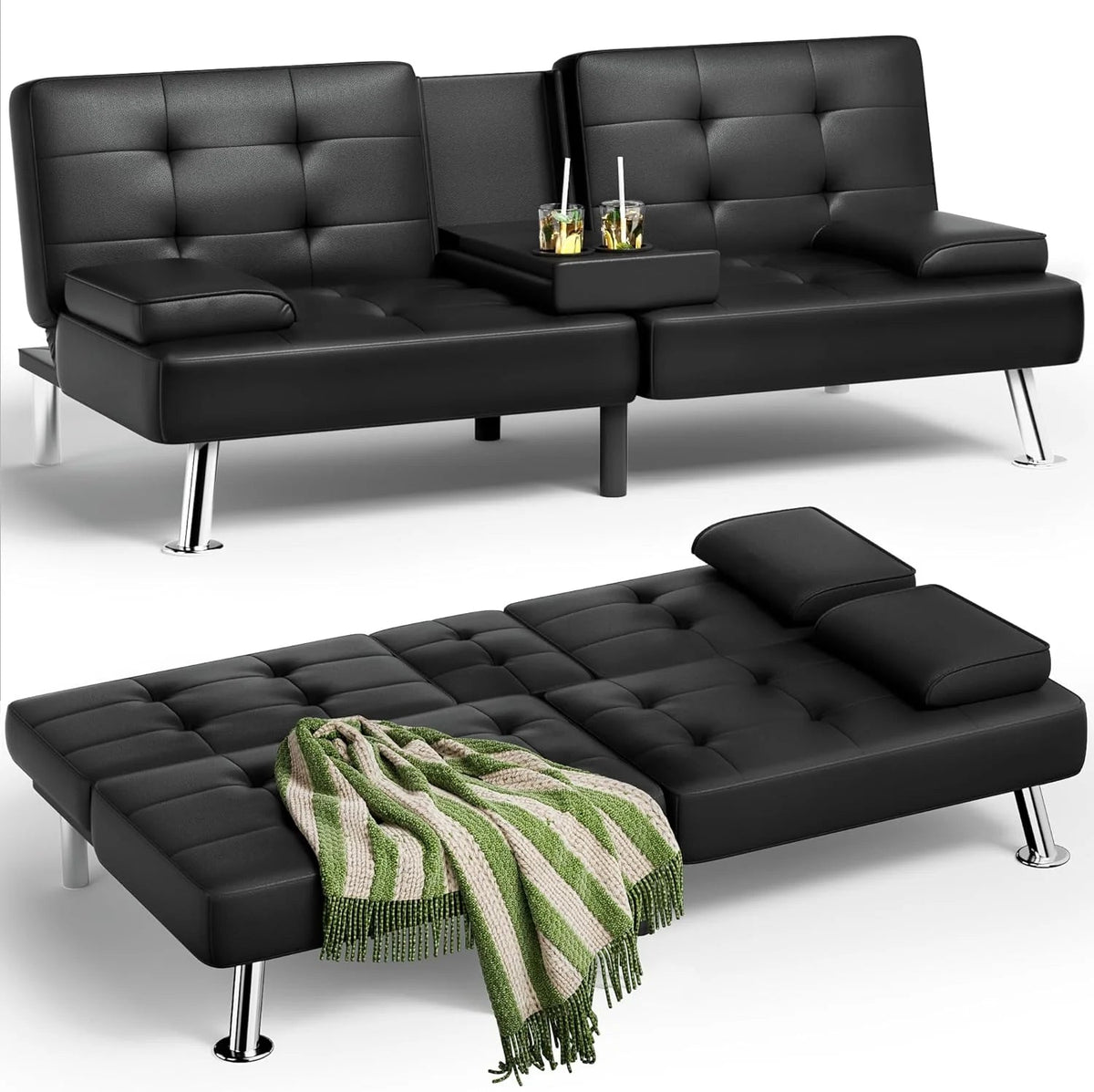 Homall Faux PU Leather Futon Sofa Bed, 65 x 30.7 x 28 in, Adjustable Recliner With Cup Holders