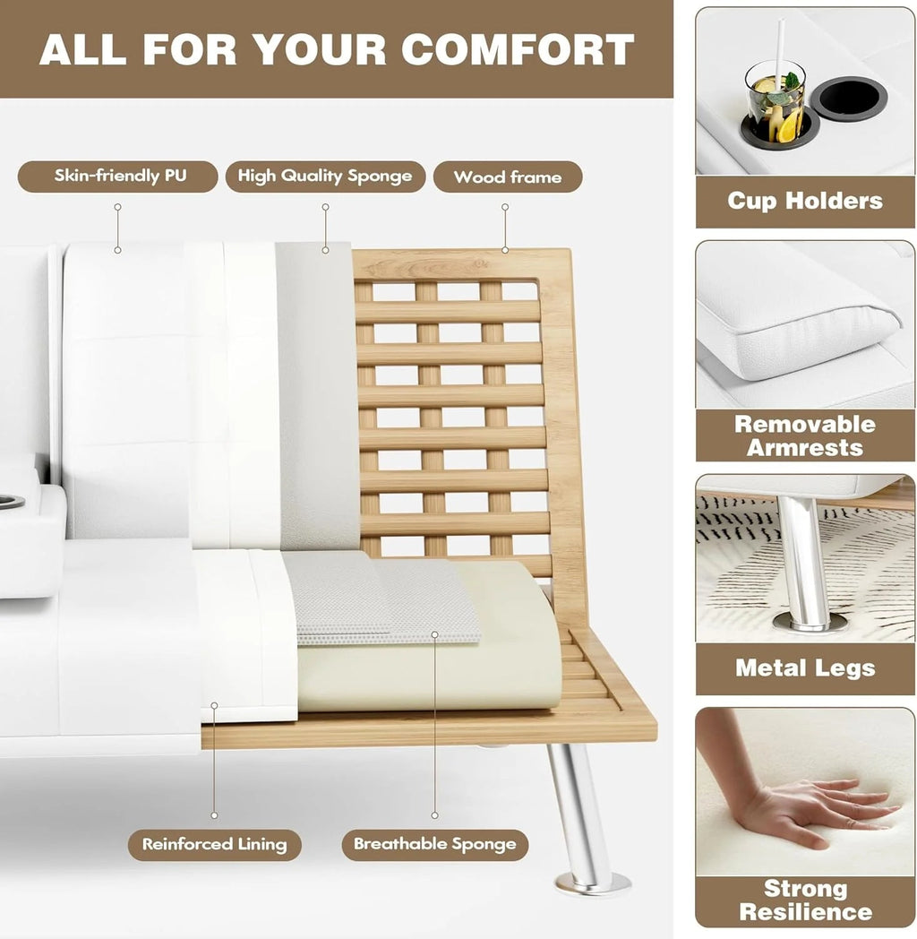 Homall Faux PU Leather Futon Sofa Bed, 65 x 30.7 x 28 in, Adjustable Recliner With Cup Holders