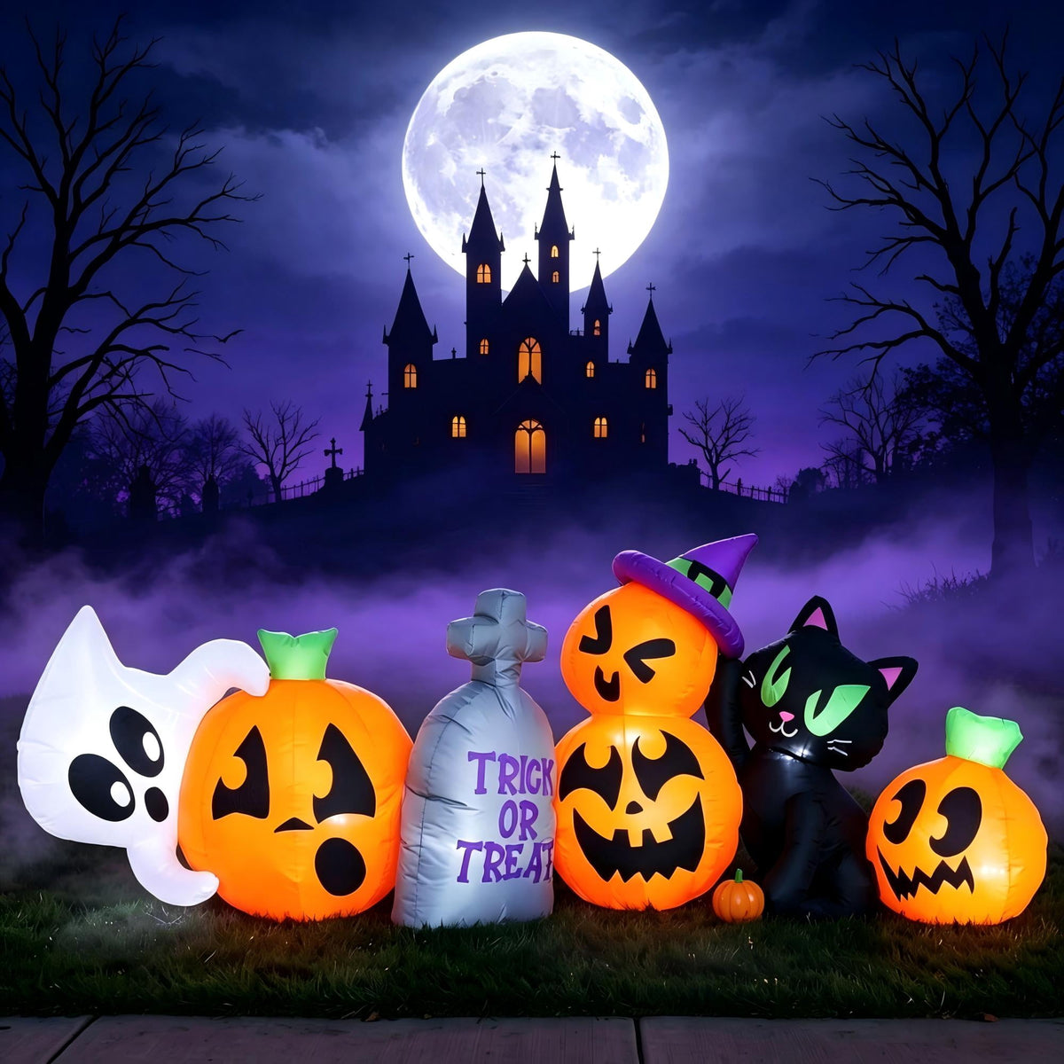 Joyfy 7 ft Halloween Inflatable Long Pumpkin with Witch's Cat Decorations Inflatables with Build-in LEDs, Halloween Decor Outdoor Blow Up Yard Decorations