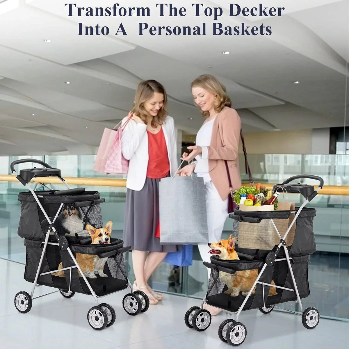 4-Wheel Foldable Pet Stroller With 2 Cages