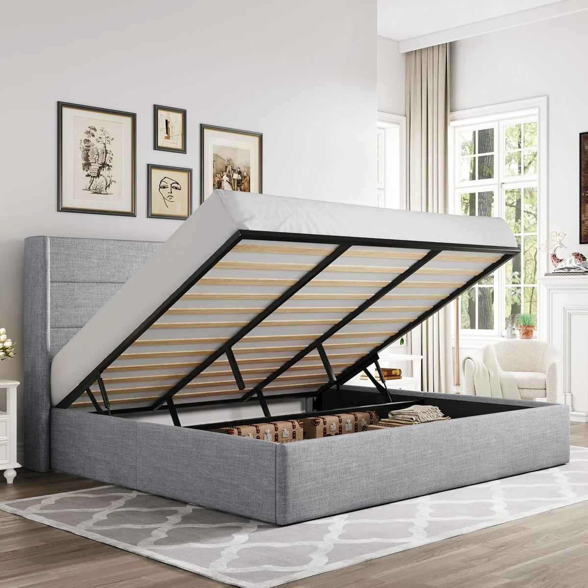 Allewie Queen Lift Up Storage Bed Frame With Wingback Headboard, Light Beige - 80.7 x 60.6 x 44.5 in