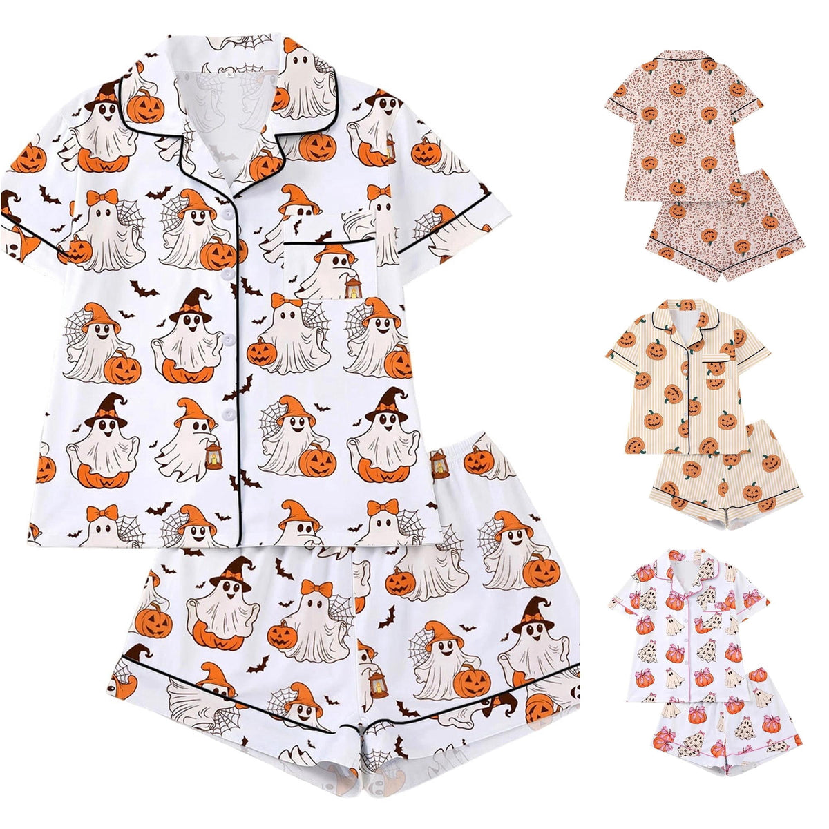 CUZIBR Girls Halloween Pajamas Sets Soft Comfortable Ghost Pumpkin Lapel Button Short Sleeve Shirt Elastic Waist Shorts 2 Pieces Sleep Loungewear Relaxed Sleepwear Outfits, Orange-C