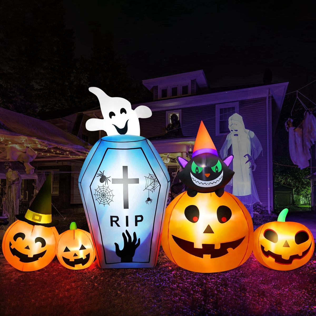 Yexmas 10ft Halloween Inflatable Pumpkins Outdoor Decor with Black Cat Tombstone and Spectre, Built-in LED Lights, for Halloween Party, Yard, Garden, Lawn