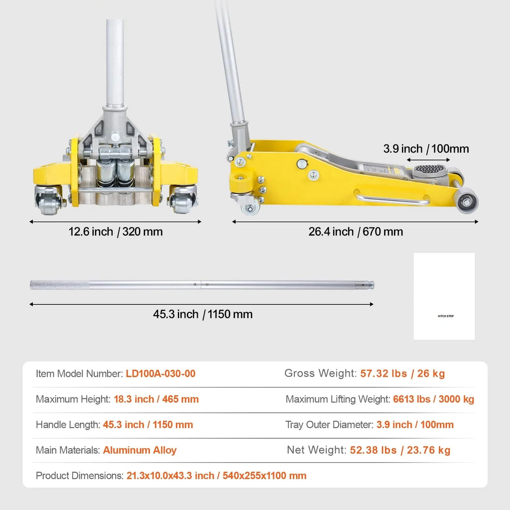 KFFKFF Low Profile Aluminum Floor Jack, 3 Ton Capacity, 3.7-18.3 Inch Lift Range, Dual Piston