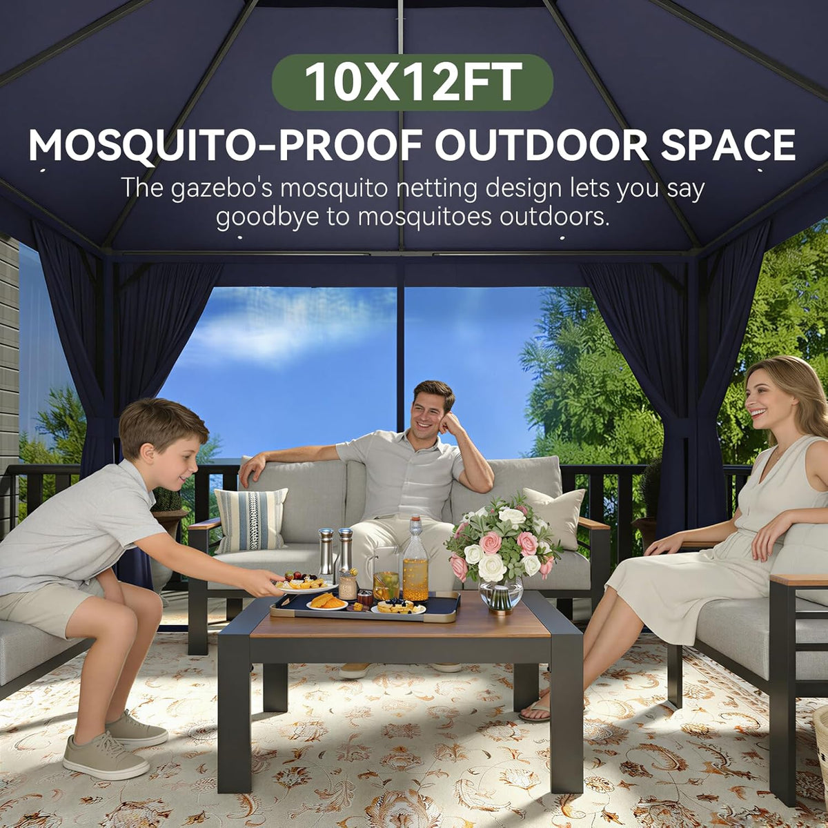 AOXUN Outdoor Gazebo 10x12 Metal Frame Double Roof Canopy With Mosquito Netting And Privacy Screen - Navy Blue