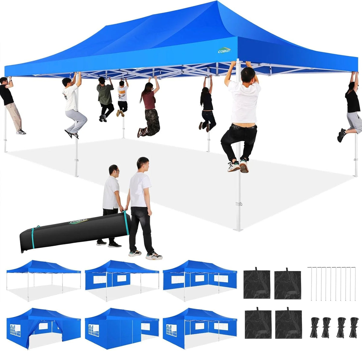 COBIZI 10x20 Heavy Duty Pop-Up Canopy Tent With 6 Sidewalls - Black