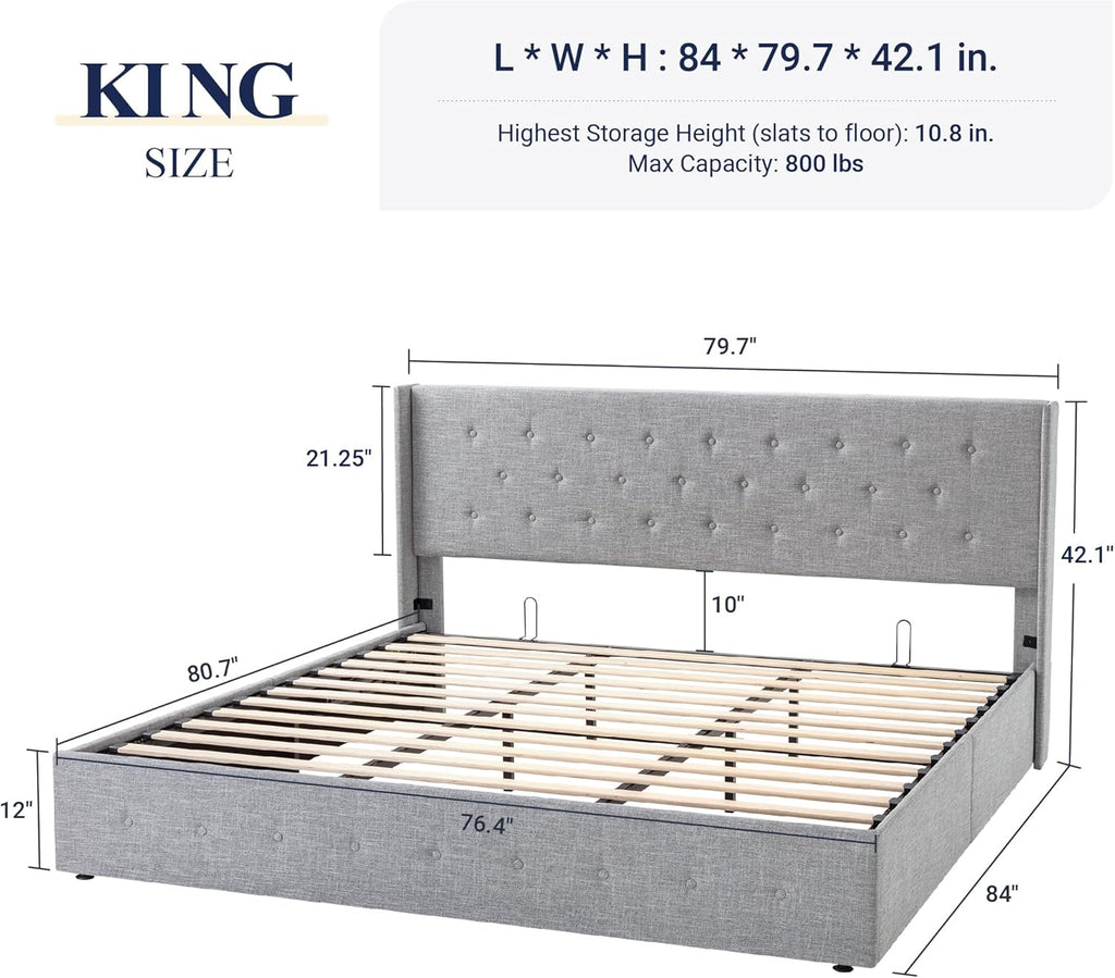 Allewie Queen Lift Up Storage Bed Frame With Wingback Headboard, Light Beige - 80.7 x 60.6 x 44.5 in