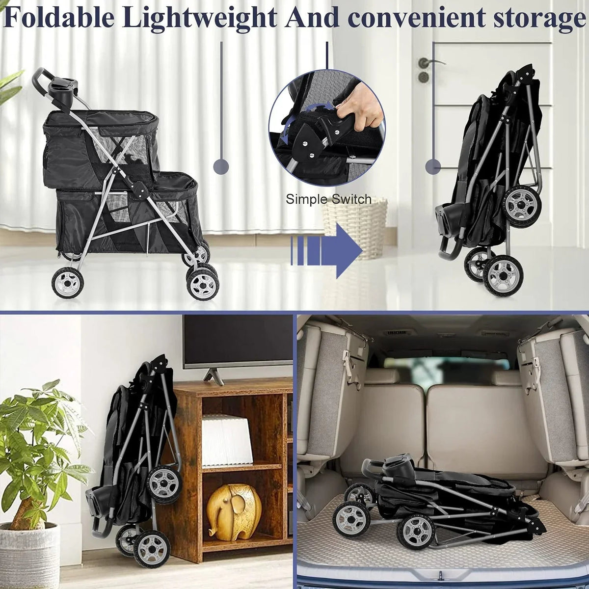 4-Wheel Foldable Pet Stroller With 2 Cages