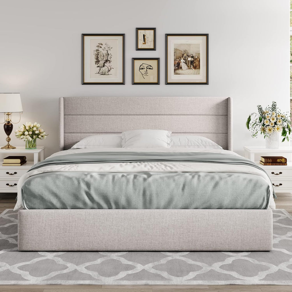 Allewie Queen Lift Up Storage Bed Frame With Wingback Headboard, Light Beige - 80.7 x 60.6 x 44.5 in
