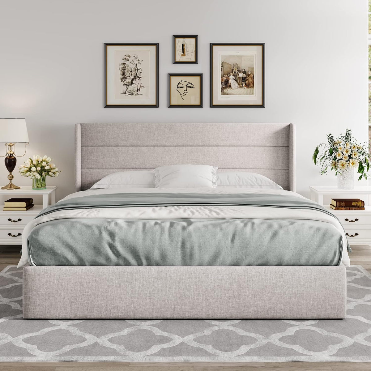 Allewie Queen Lift Up Storage Bed Frame With Wingback Headboard, Light Beige - 80.7 x 60.6 x 44.5 in