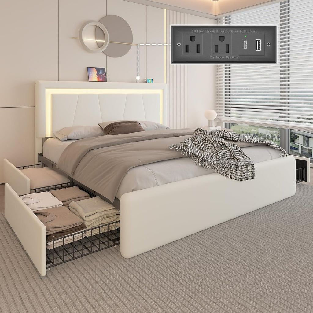 Full Upholstered Platform Bed Frame With 4 Storage Drawers, LED Lights, Adjustable Headboard And Charging Station - White