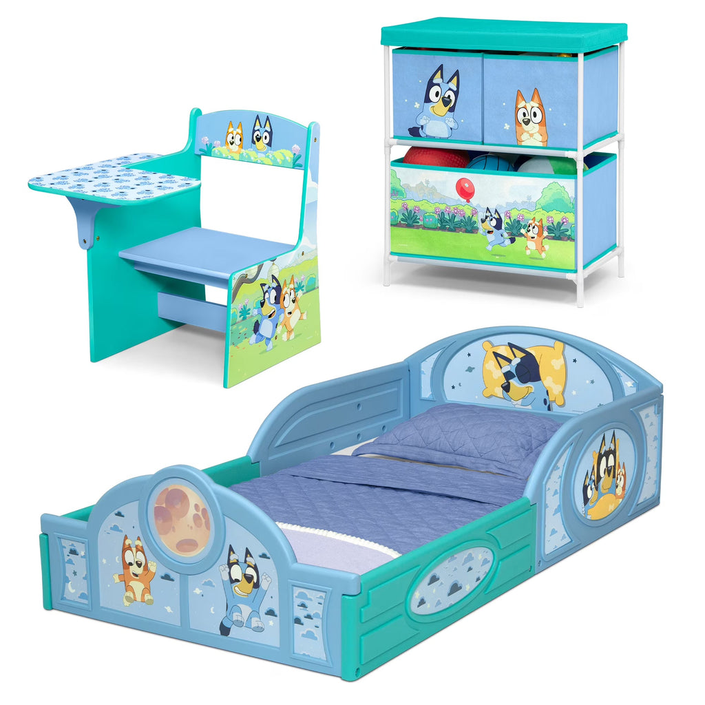 Delta Children Bluey 3-Piece Toddler Bedroom Set With Bed, Chair Desk And Toy Organizer - Blue