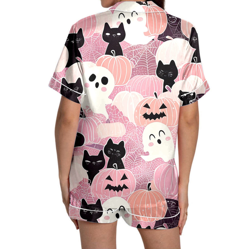 Hpapadks Halloween Pajamas Women Silk Graphic Button Down Short Sleeve Shirts and Shorts 2 Piece Sleepwear Women Pjs Sets Light Pink