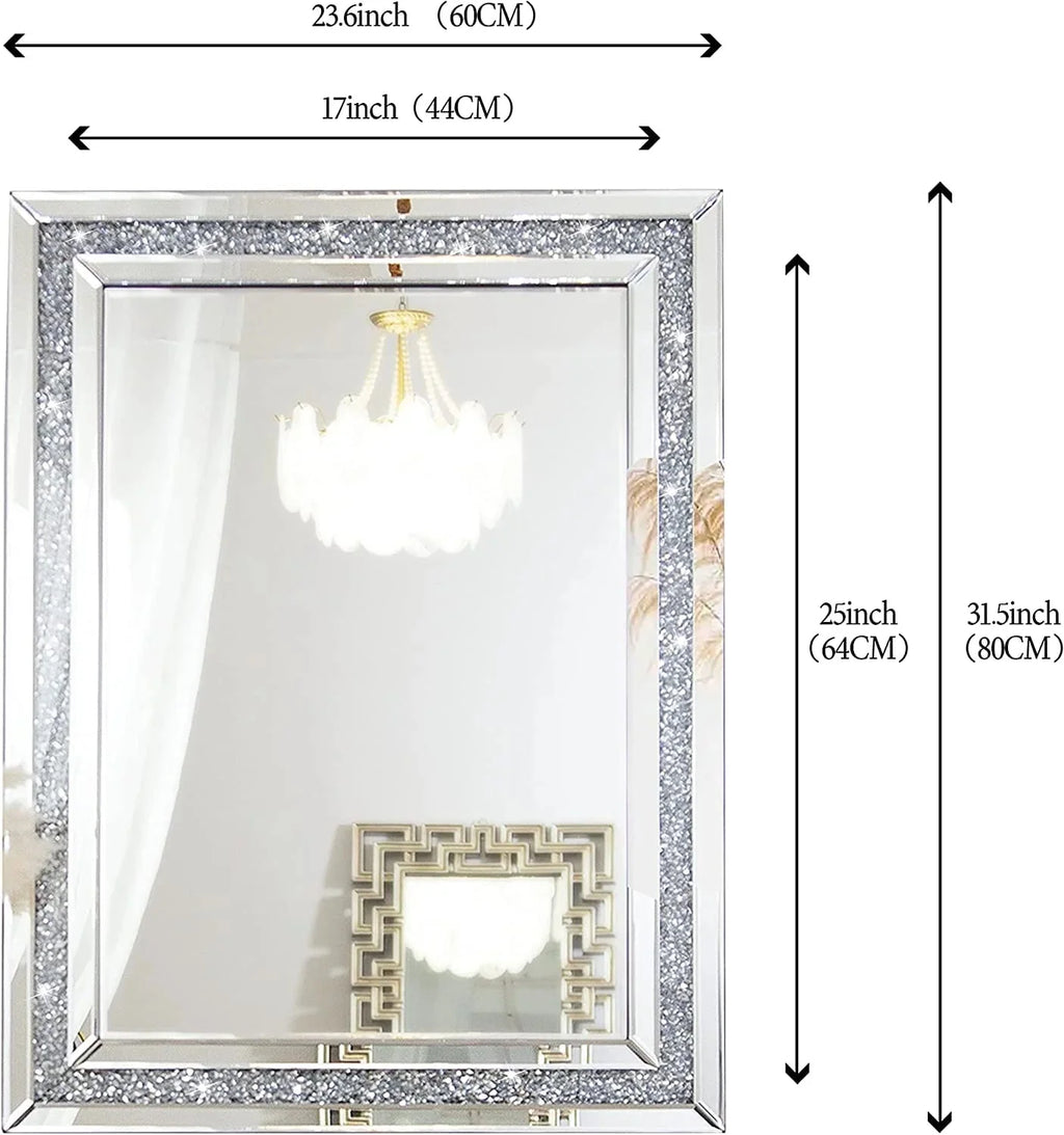 SHYFOY Rectangle Decorative Wall Mirror With Crushed Diamond, Silver