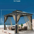10x10 Hardtop Gazebo With Double Metal Roof, Aluminum Frame, Net And Curtain - Khaki