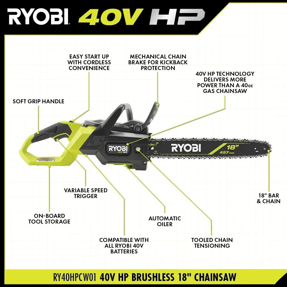 RYOBI 40V HP Brushless 18" Chainsaw Kit - Over 90 Cuts per Charge