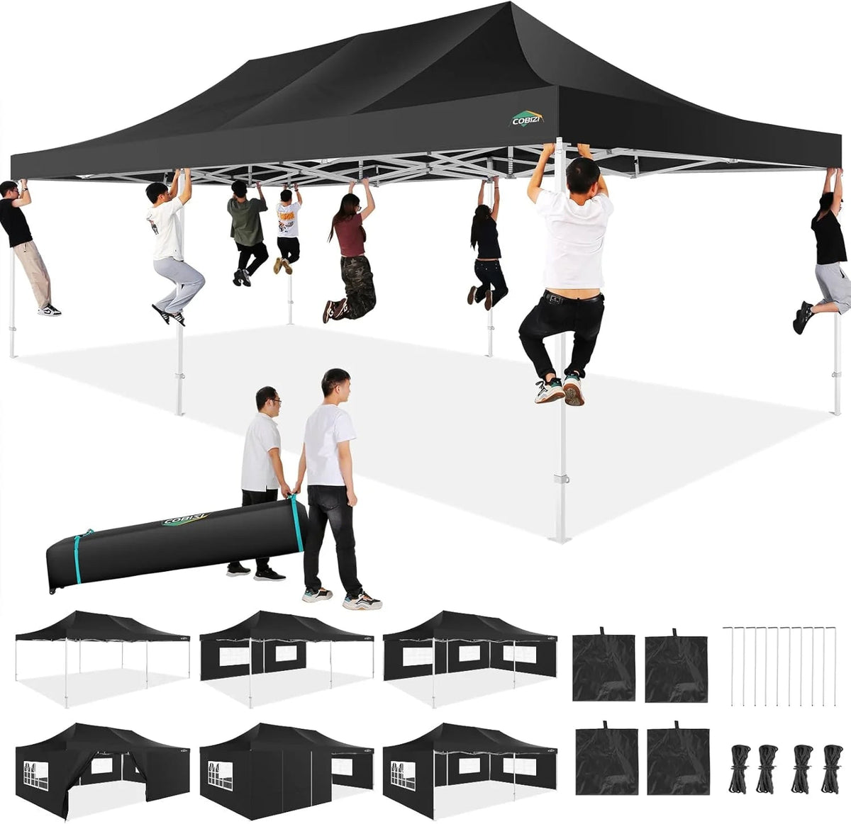 COBIZI 10x20 Heavy Duty Pop-Up Canopy Tent With 6 Sidewalls - Black