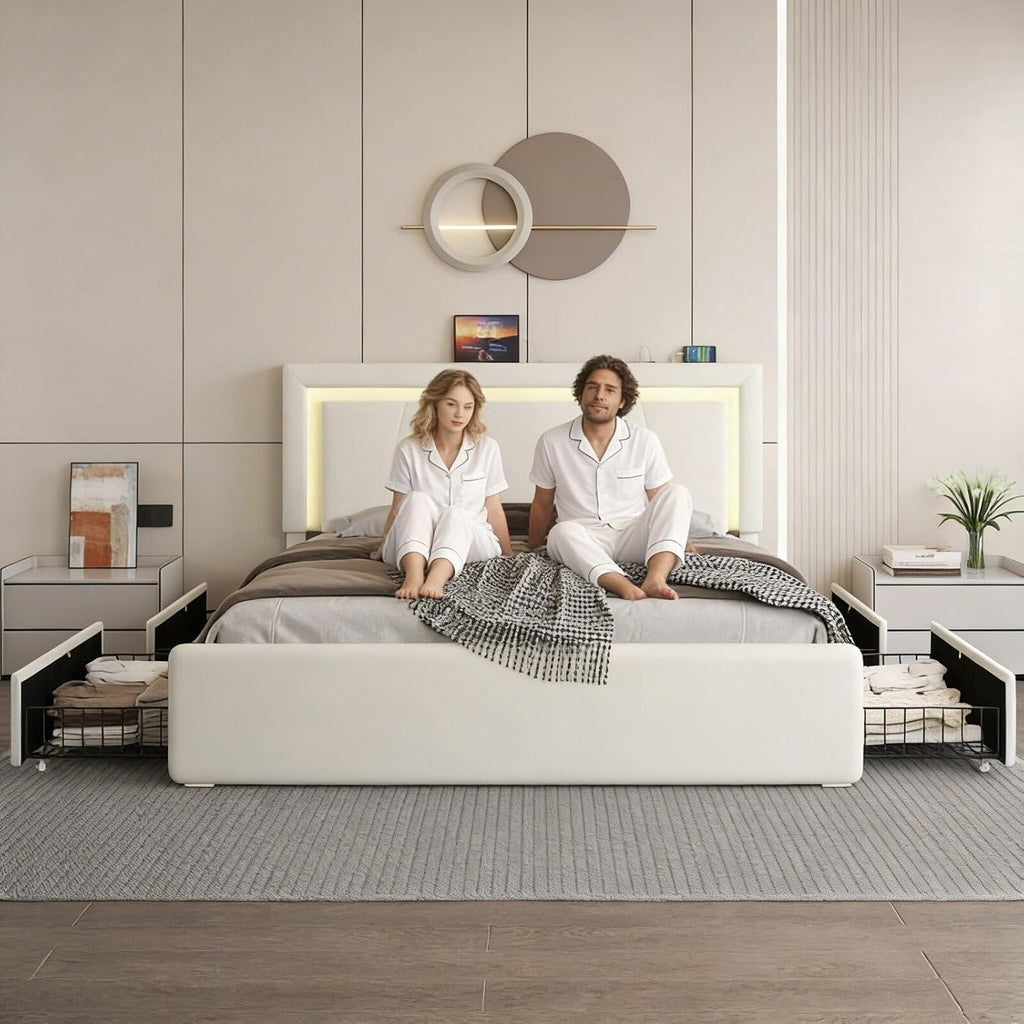 Full Upholstered Platform Bed Frame With 4 Storage Drawers, LED Lights, Adjustable Headboard And Charging Station - White