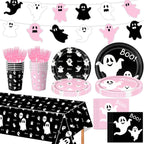 50/73/93Pcs Halloween Boo Party Tableware Supplies Decorations, Spooky Ghost Plates Napkins Boo Ghost Tableware Tablecloth Banner for Halloween Birthday Party Boo Baby Shower Party Supplies