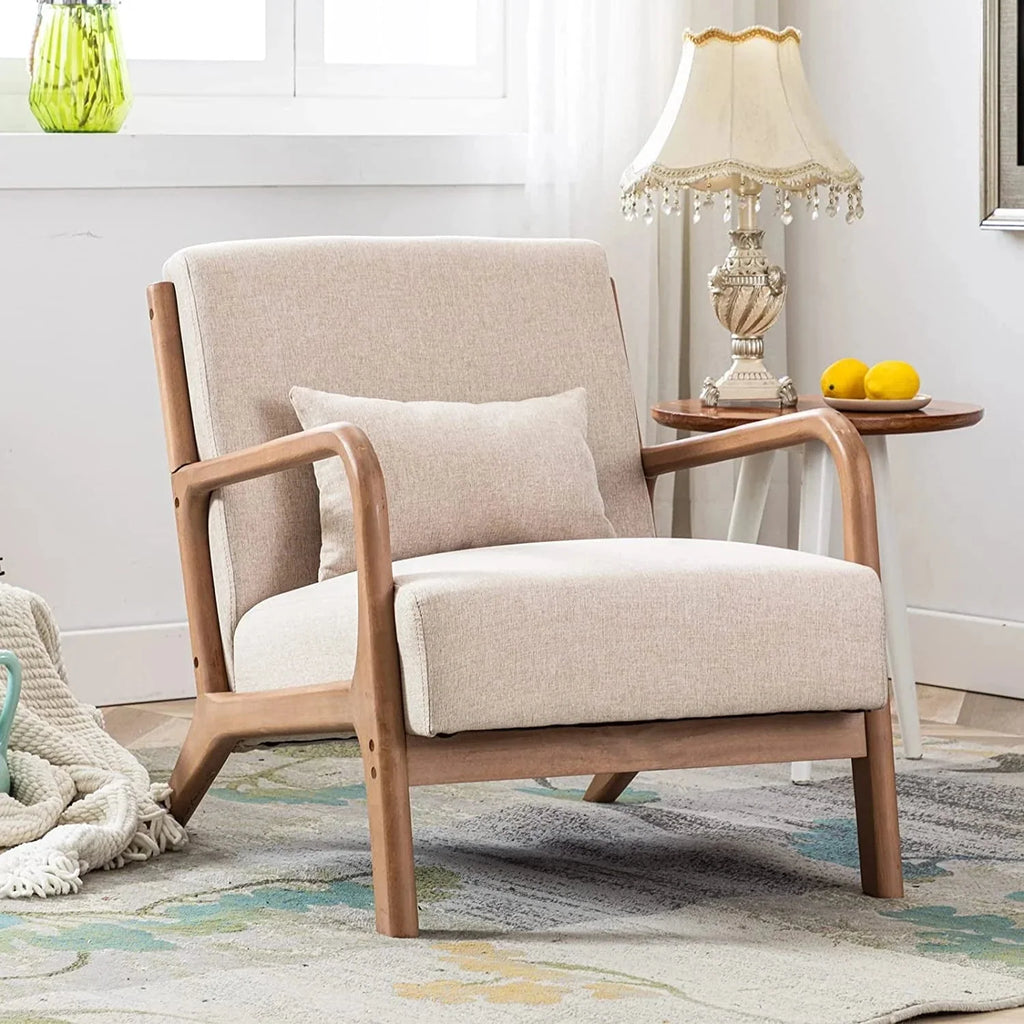 Bonzy Home Mid-Century Modern Fabric Accent Chair With Solid Wood Frame, Beige