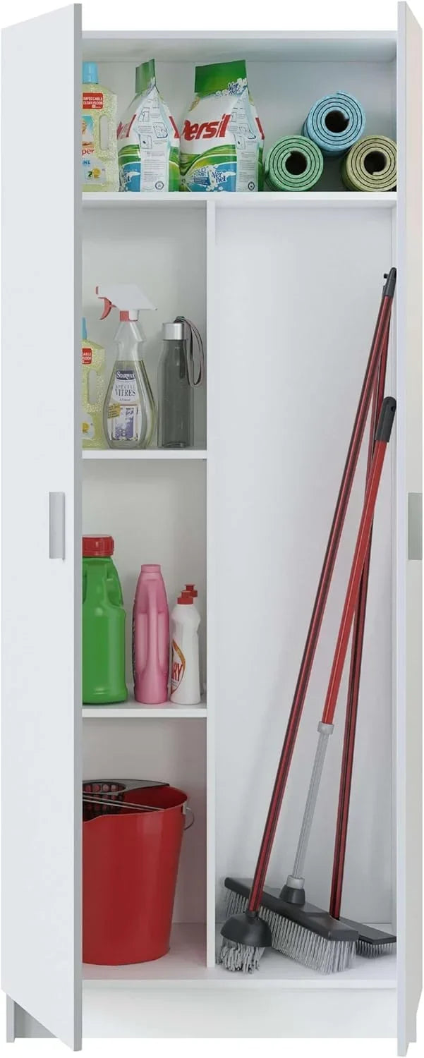 Habitdesign Multi-Purpose Broom Cabinet, 2 Doors, 3 Shelves, 180 x 73 x 37 cm, Matt White
