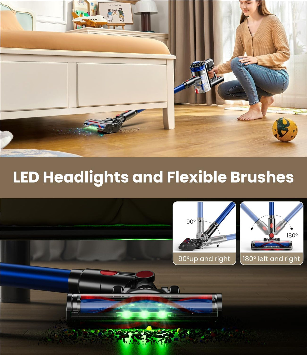 KARDV Cordless Stick Vacuum Cleaner, 500W 40Kpa, 60Mins, 1.5L, Blue - 8 In 1