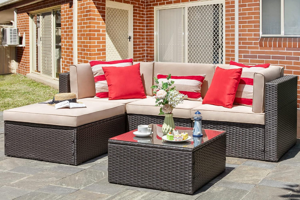 5-Piece All-Weather Wicker Patio Conversation Set With Ottoman And Cushions