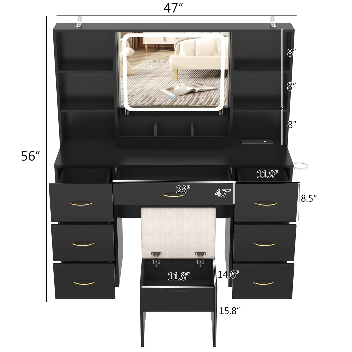 ChVans 47in Vanity Desk Set With LED Lighted Mirror, 7 Drawers, 6 Shelves, Cushioned Storage Stool - Black