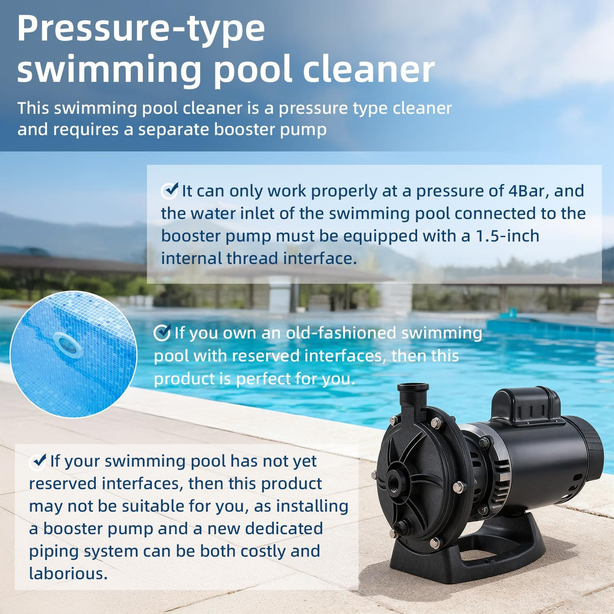 MAKHOON Pressure-Side Pool Sweeper, Four-Wheel, 1.5-inch Female Thread, 4 Bar