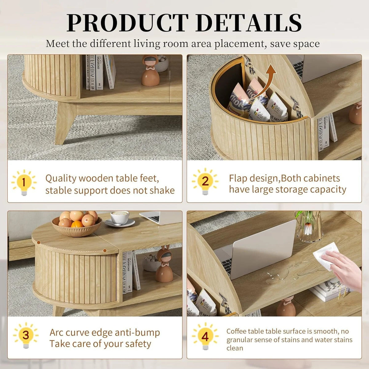Fluted Oval Coffee Table With Storage, 46.45 x 19.68 x 15.94 in