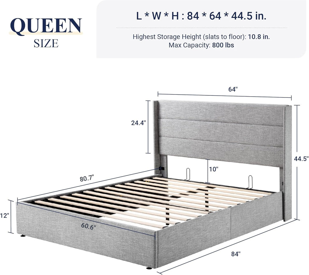 Allewie Queen Lift Up Storage Bed Frame With Wingback Headboard, Light Beige - 80.7 x 60.6 x 44.5 in