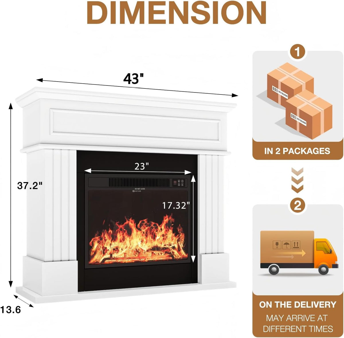 Electric Fireplace With Mantel, 43in Freestanding Heater TV Stand With 23in Insert, White
