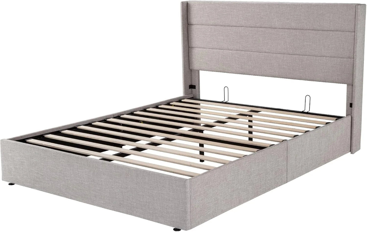 Allewie Queen Lift Up Storage Bed Frame With Wingback Headboard, Light Beige - 80.7 x 60.6 x 44.5 in