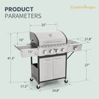 Captiva Designs 4-Burner Propane Gas Grill With Side Burner, 42,000 BTU, Silver - GR001